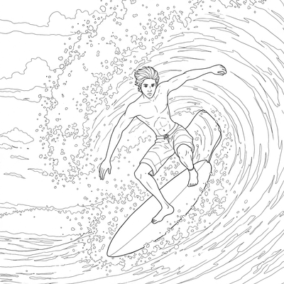 A coloring page for the Surfer Riding Wave category