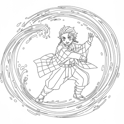 A coloring page for the Tanjiro's Water Wheel Simple category
