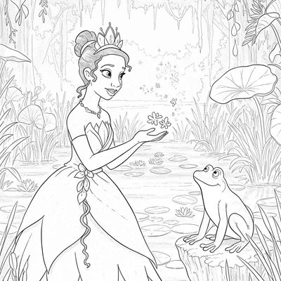 A coloring page for the Tiana Frog Prince category