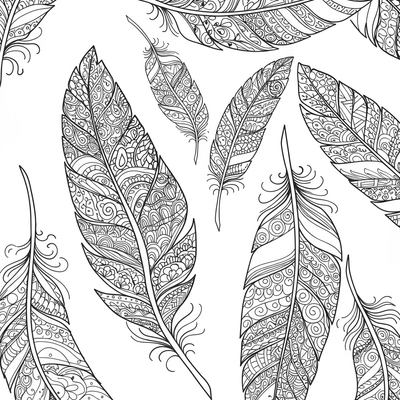 A coloring page for the Zentangle Feathers Floating category