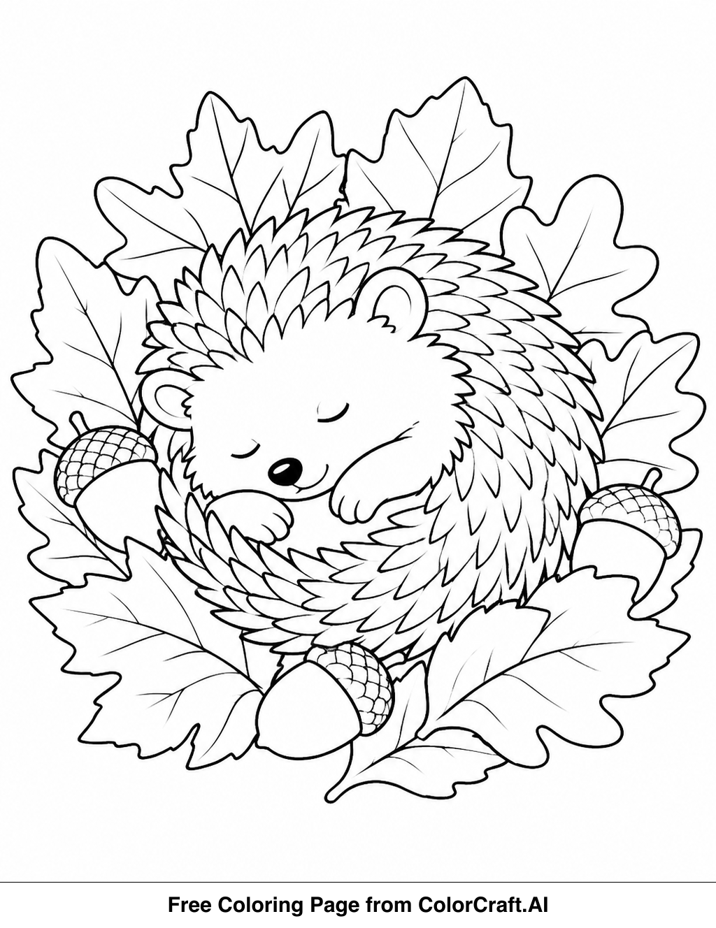 Line drawing of a sleepy hedgehog curled up, surrounded by autumn leaves and acorns, ready to be colored.