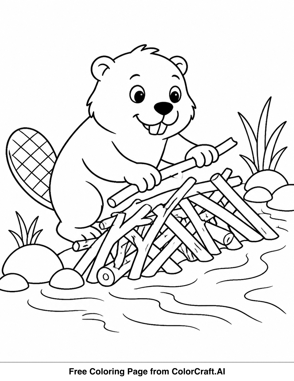 Line drawing of a busy beaver gathering branches and mud to build a dam in a river.