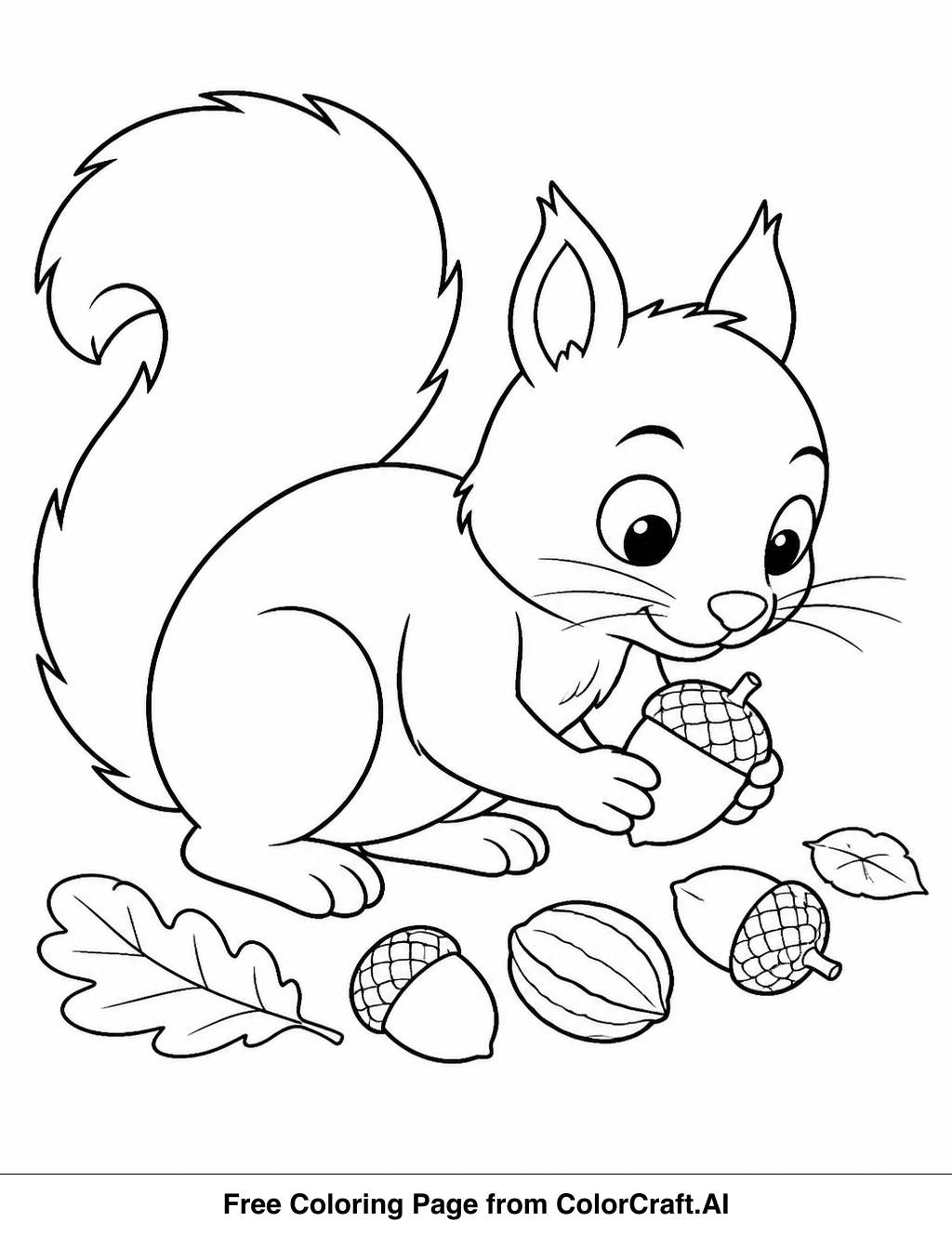 Line drawing of a curious squirrel with a bushy tail, gathering nuts in a forest.