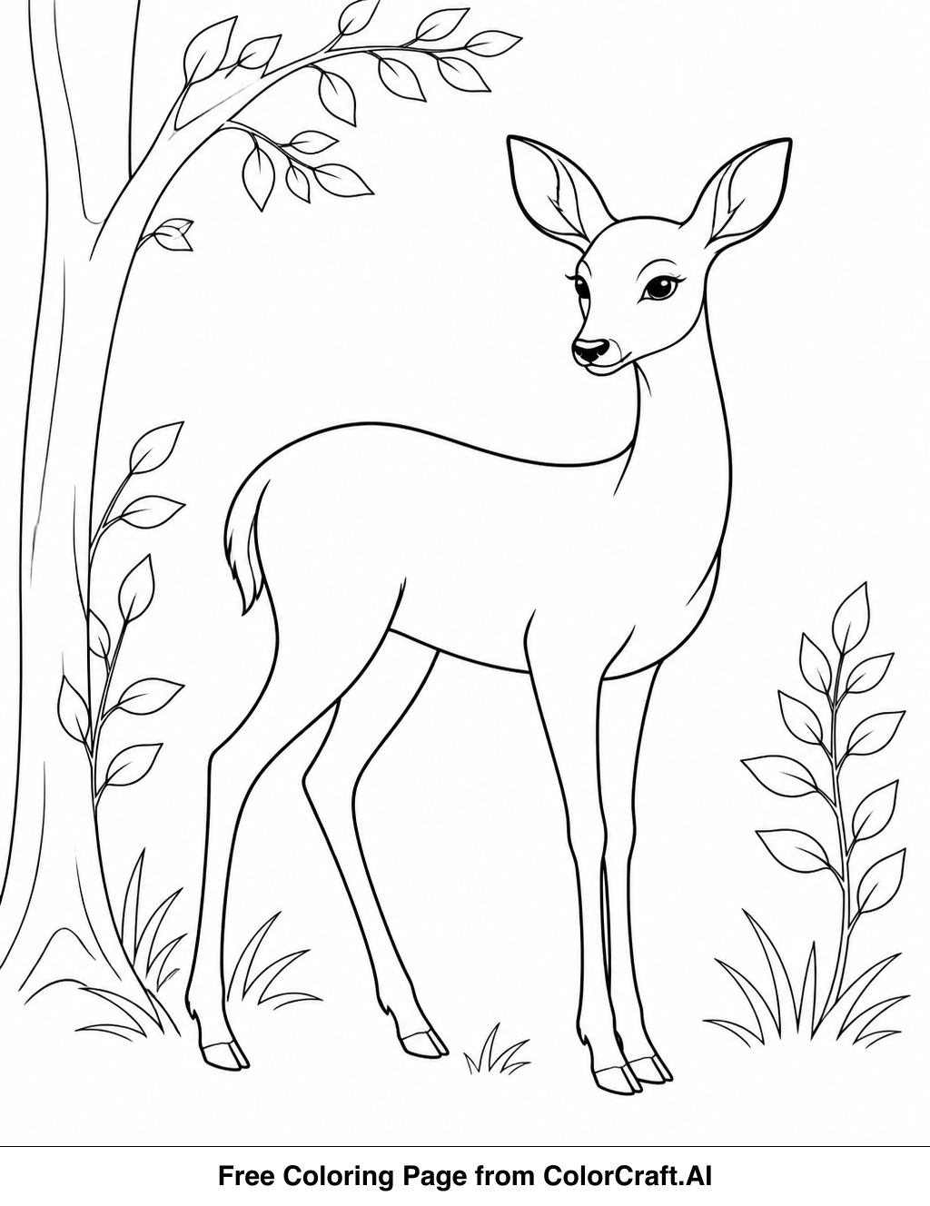 Line drawing of a graceful deer standing in a forest clearing with trees and plants.