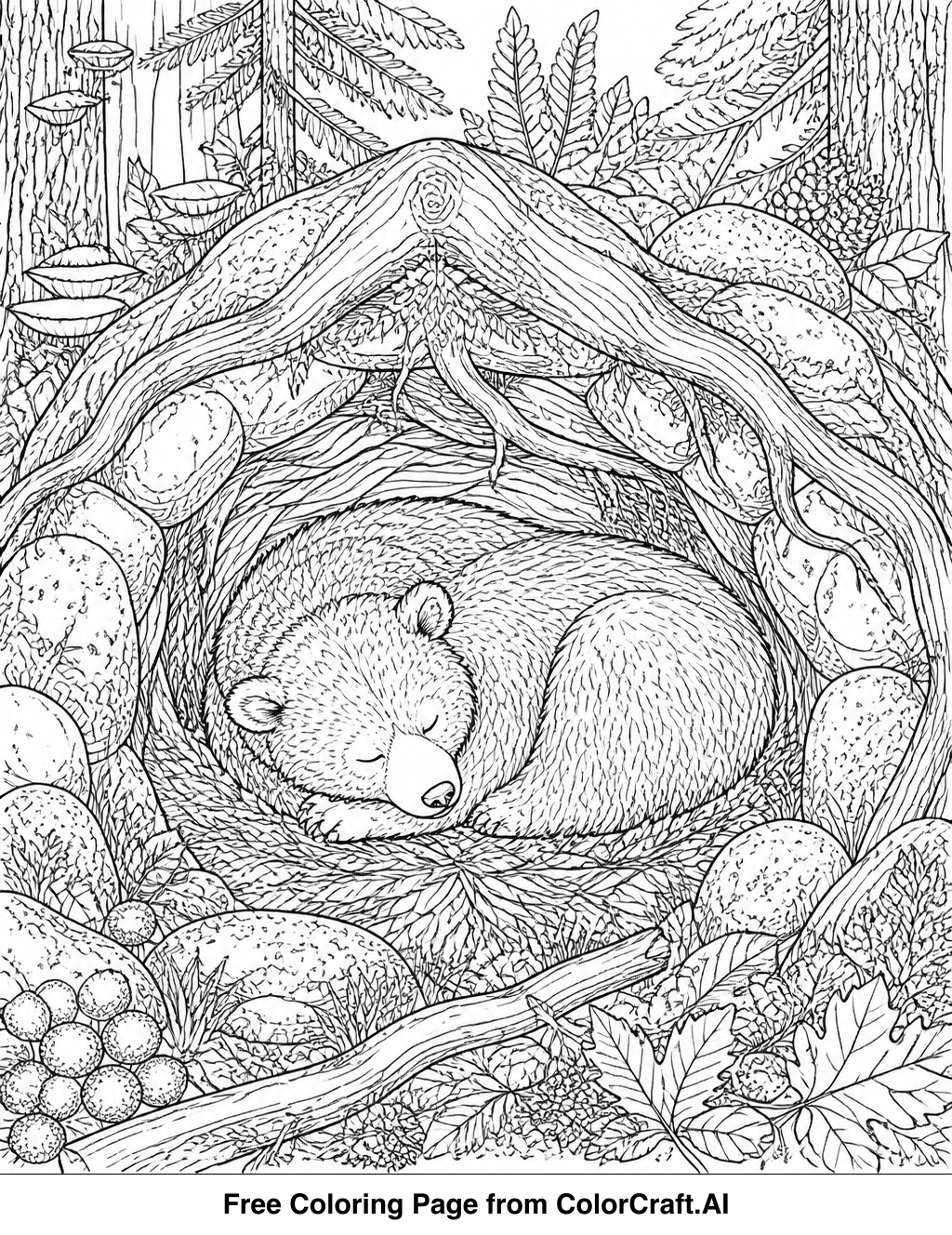 Intricate line drawing of a bear sleeping in its den, surrounded by natural elements.