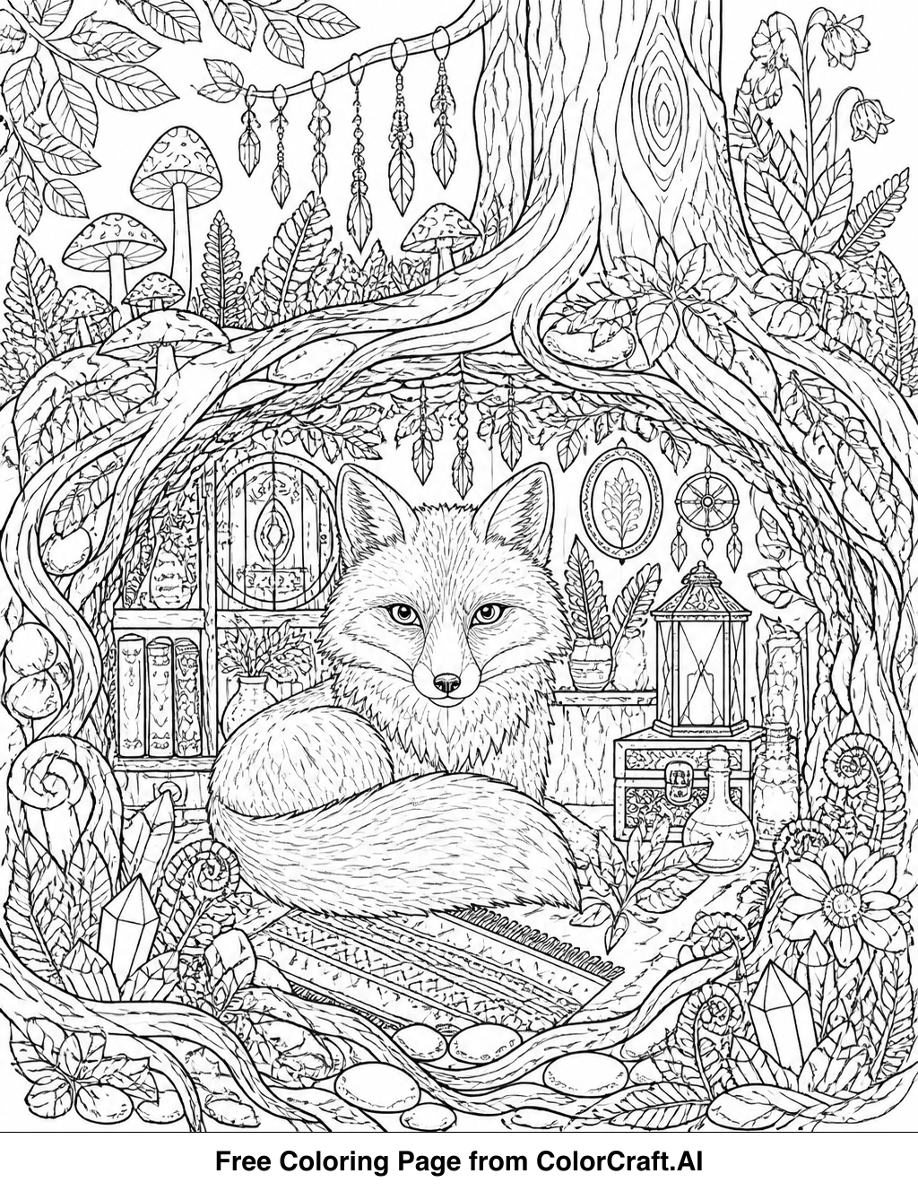 Intricate line drawing of a fox den entrance with detailed foliage and hidden pathways.