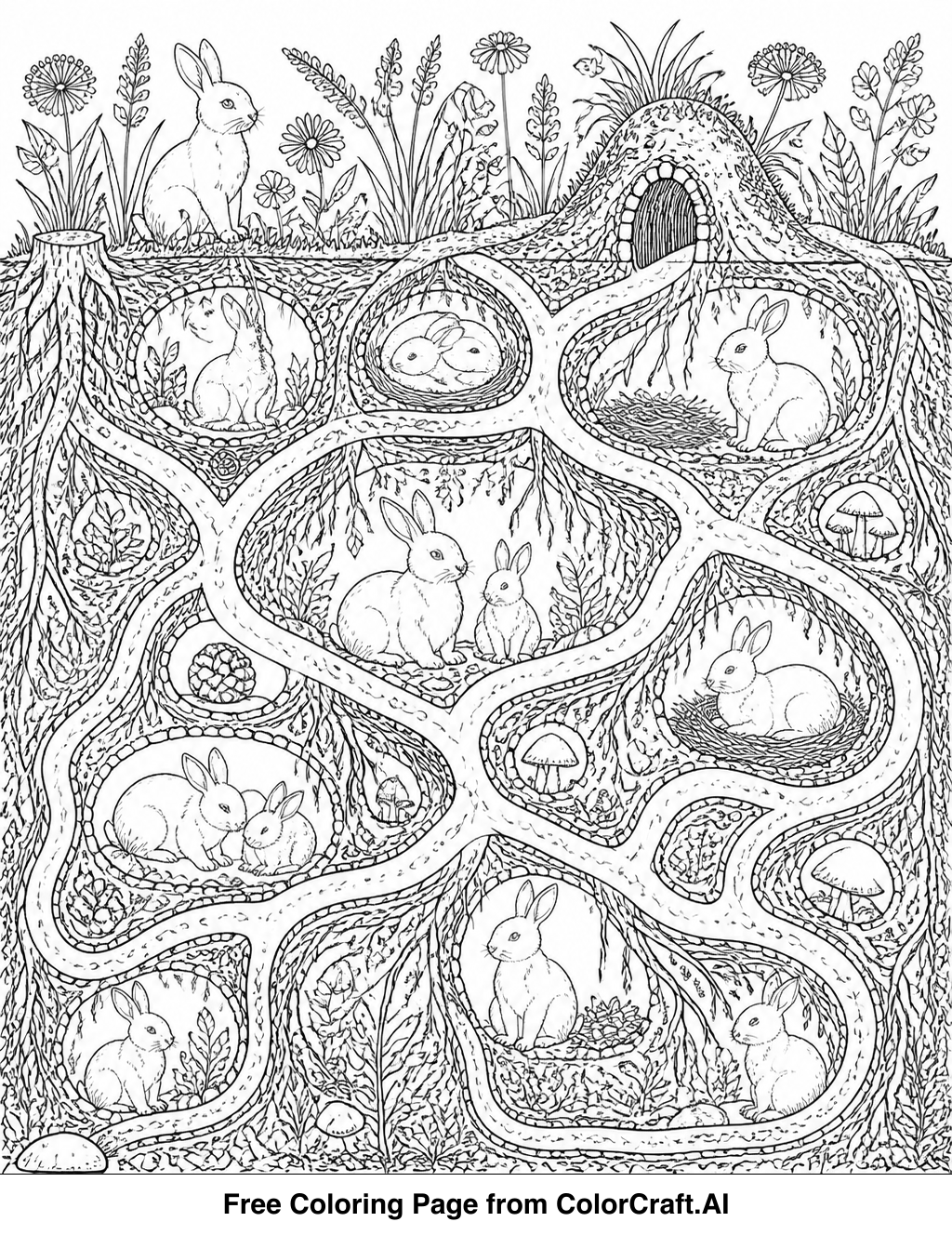 Line drawing of an intricate rabbit warren network with many tunnels and entrances.