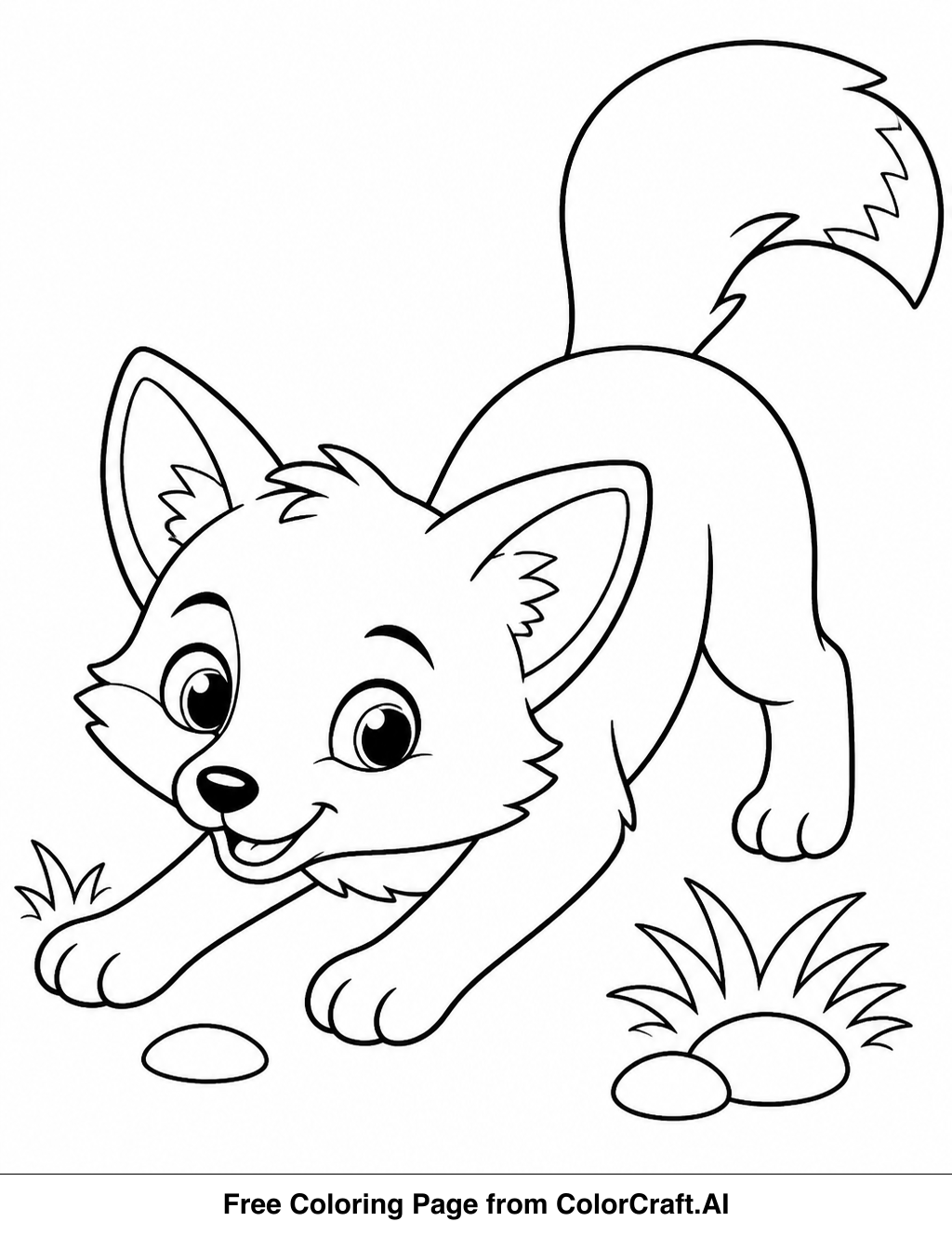 Line art drawing of a young fox cub with its tail up, looking alert and ready to play.