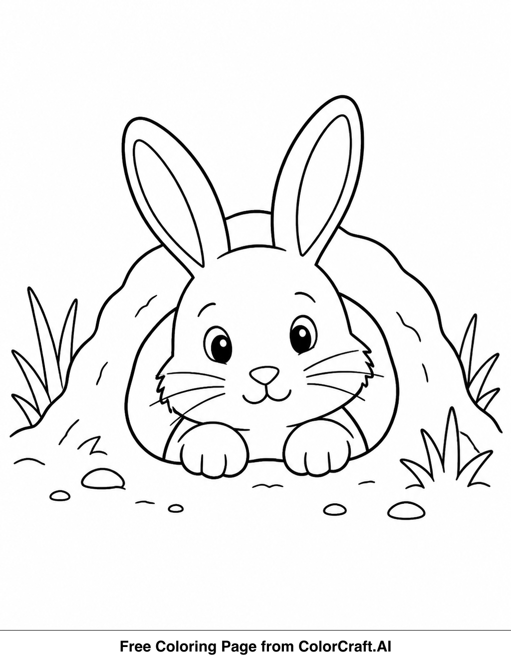 Line drawing of a rabbit peeking out of a hole in the ground, a simple nature scene for coloring.