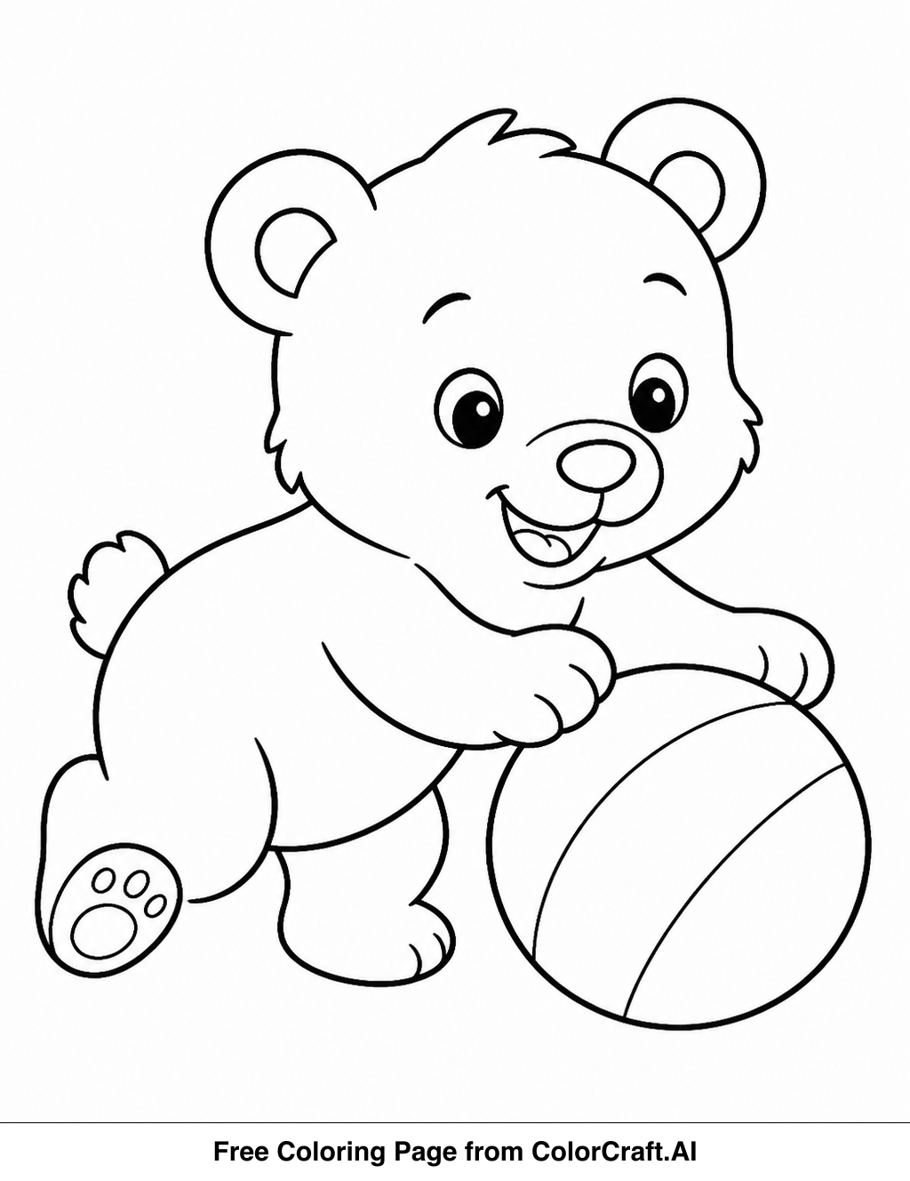 Line drawing of a cute bear cub playing with a toy, perfect for coloring.
