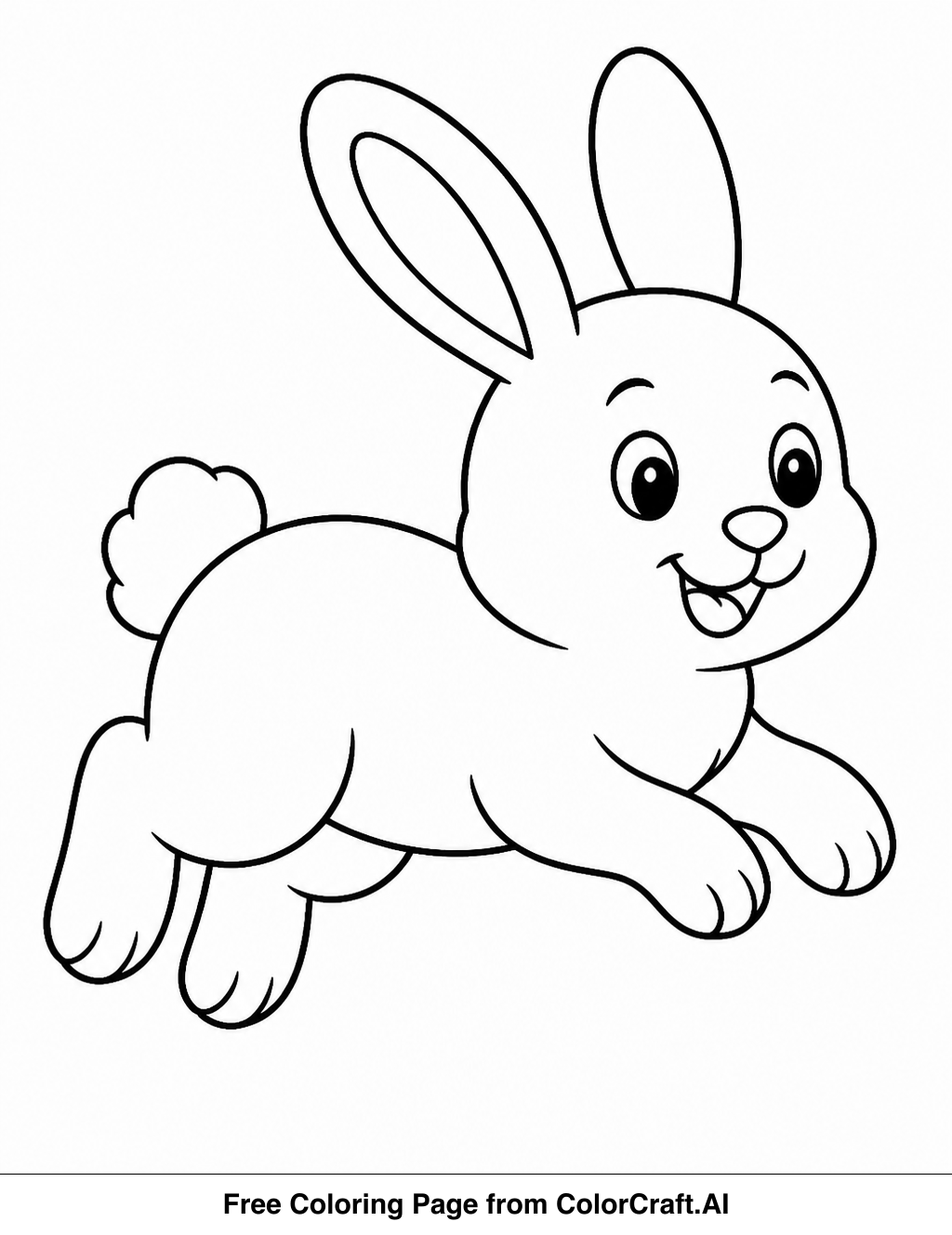 Line drawing of a cute rabbit hopping joyfully across a field, with simple background details.