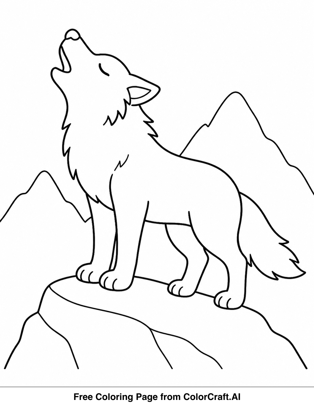Line drawing of a wolf howling at the moon on a hill, perfect for coloring.