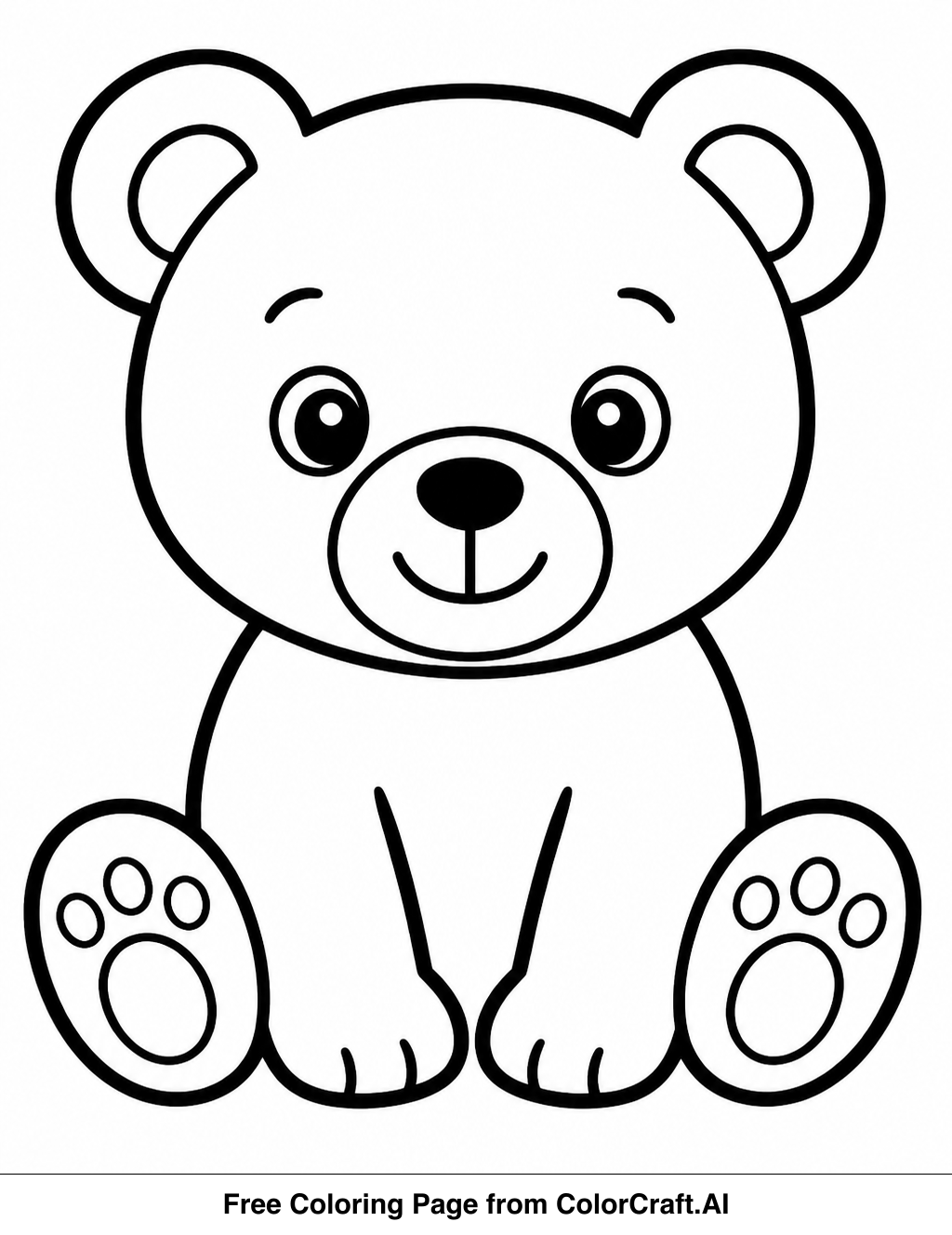 Line drawing of a cute bear cub sitting in grass, looking curious, perfect for coloring.