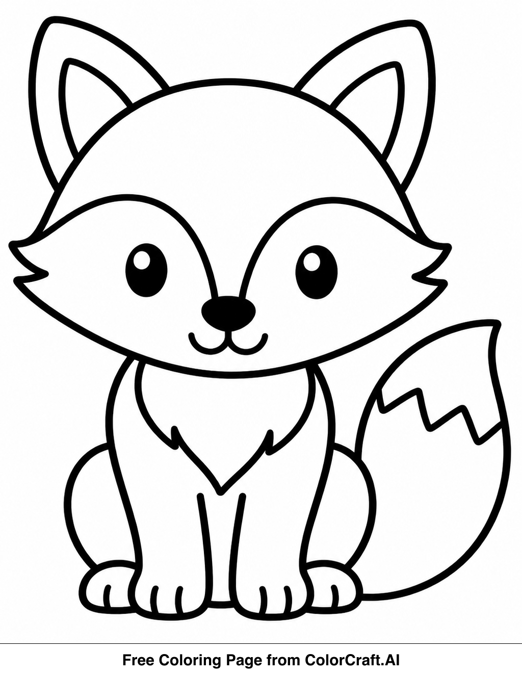 Line drawing of a smiling fox with a bushy tail, sitting in a grassy field.