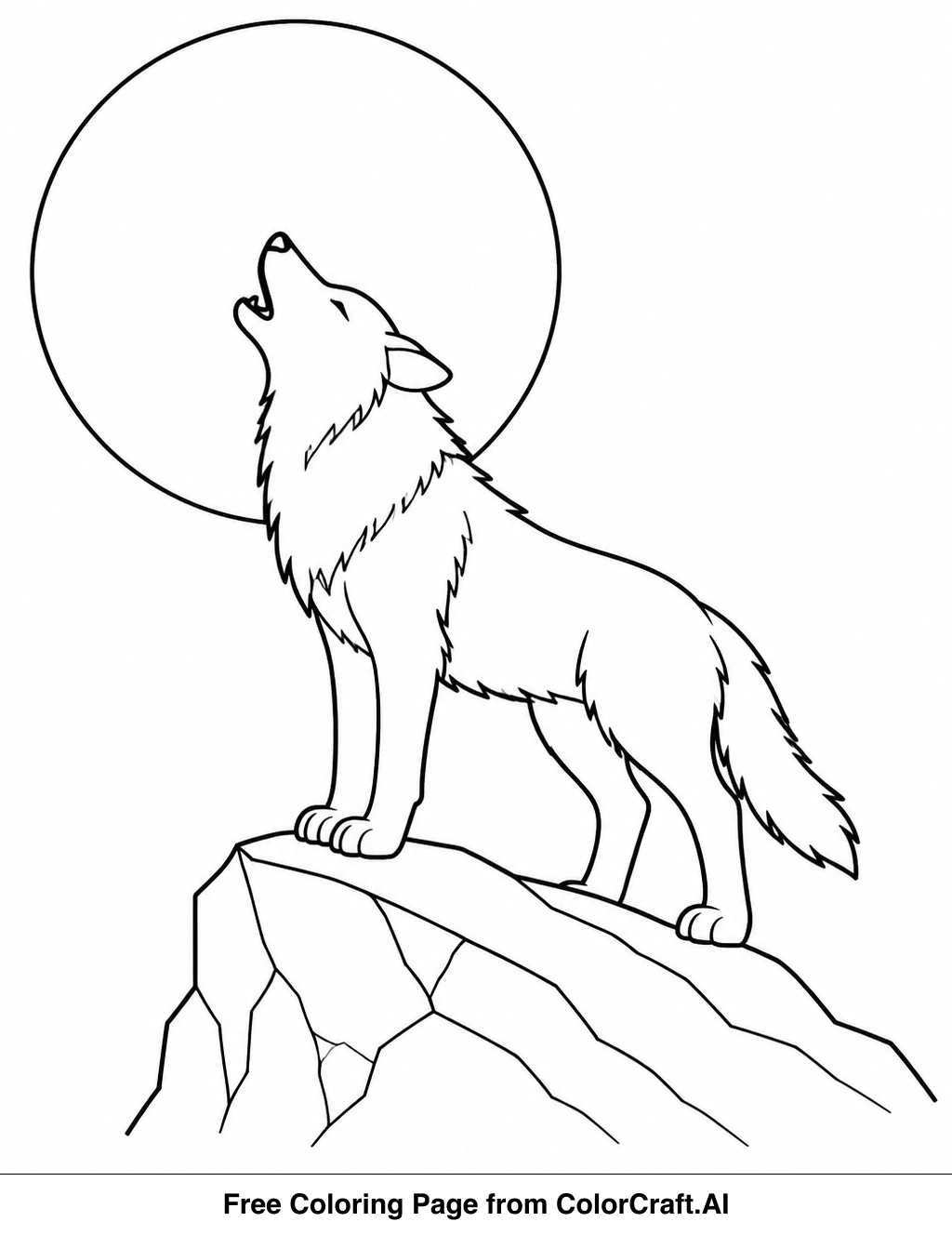Line drawing of a wolf howling at a large full moon with stars in the background.
