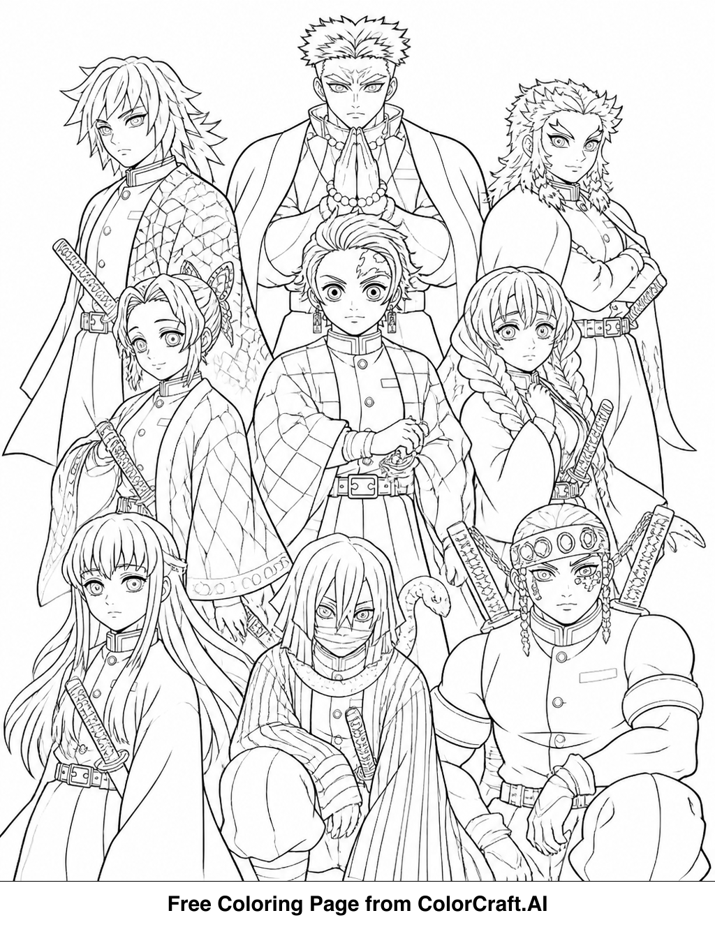 Line drawing of the Demon Slayer Corps characters standing together, ready to be colored.