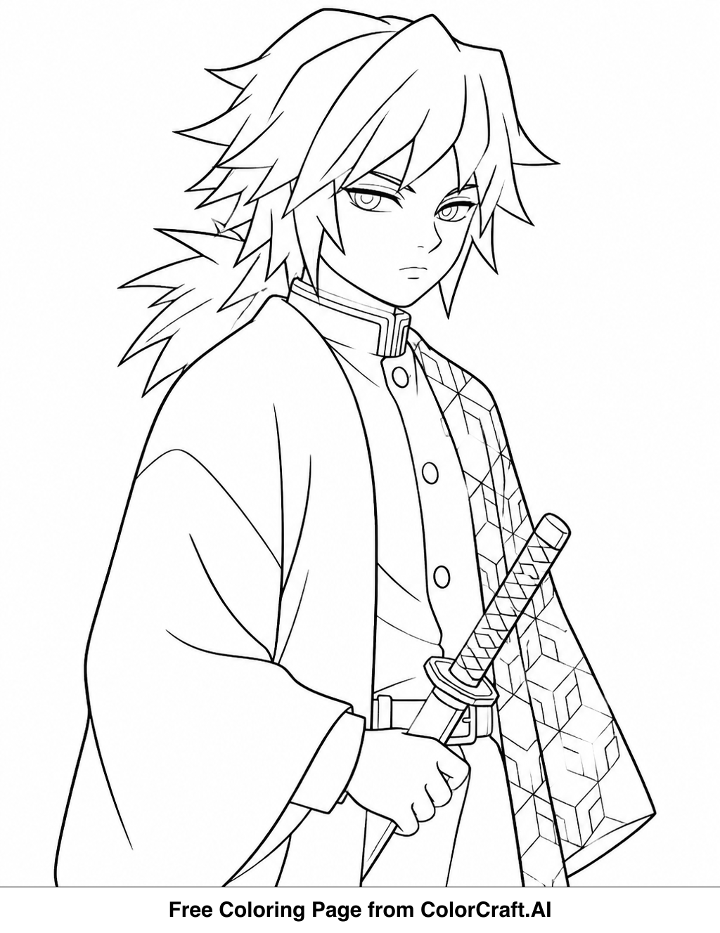 Line drawing of Giyu Tomioka from Demon Slayer in a simple standing pose, perfect for coloring.
