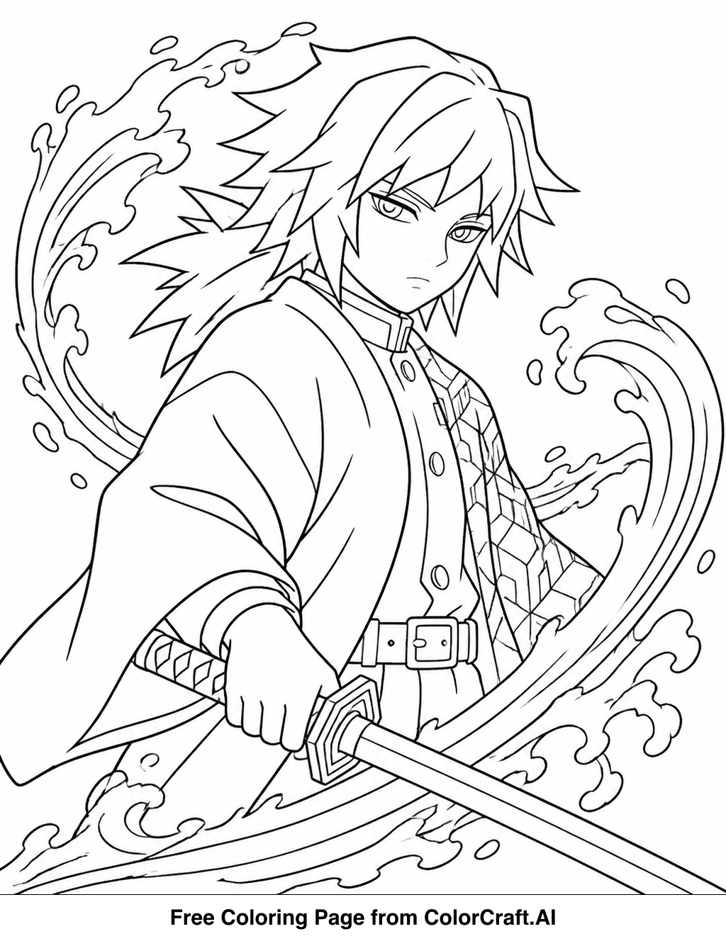 Line drawing of Giyu Tomioka from Demon Slayer, striking a powerful pose, ready for coloring.