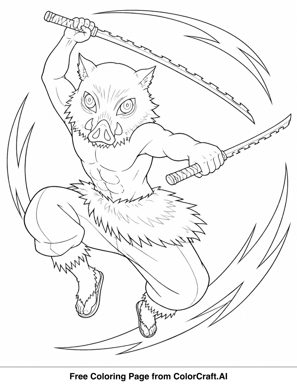 Line drawing of Inosuke Hashibira from Demon Slayer performing a Beast Breathing technique, ready to be colored.