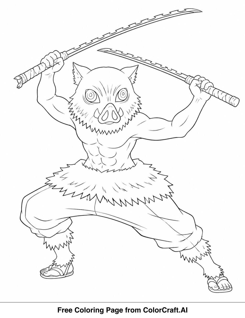 Line drawing of Inosuke Hashibira from Demon Slayer in a simple pose for coloring.