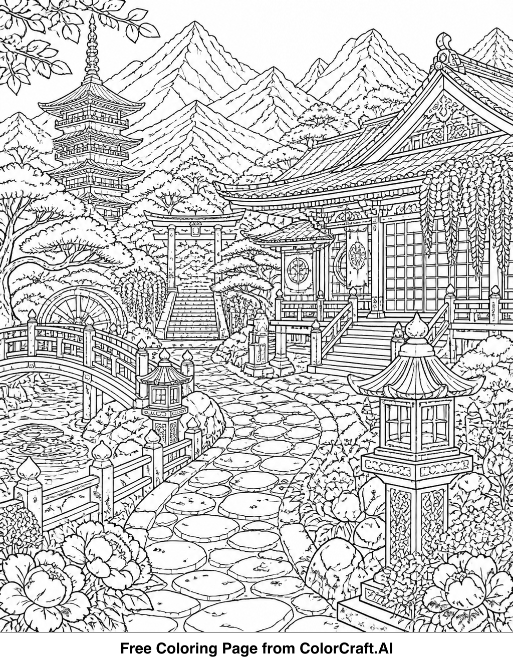 Intricate line drawing of the Demon Slayer Training Estate, showing multiple characters in training poses and architectural details.
