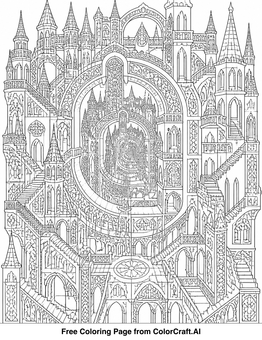 Line drawing of a complex, multi-layered castle with many windows and decorative elements, perfect for detailed coloring.