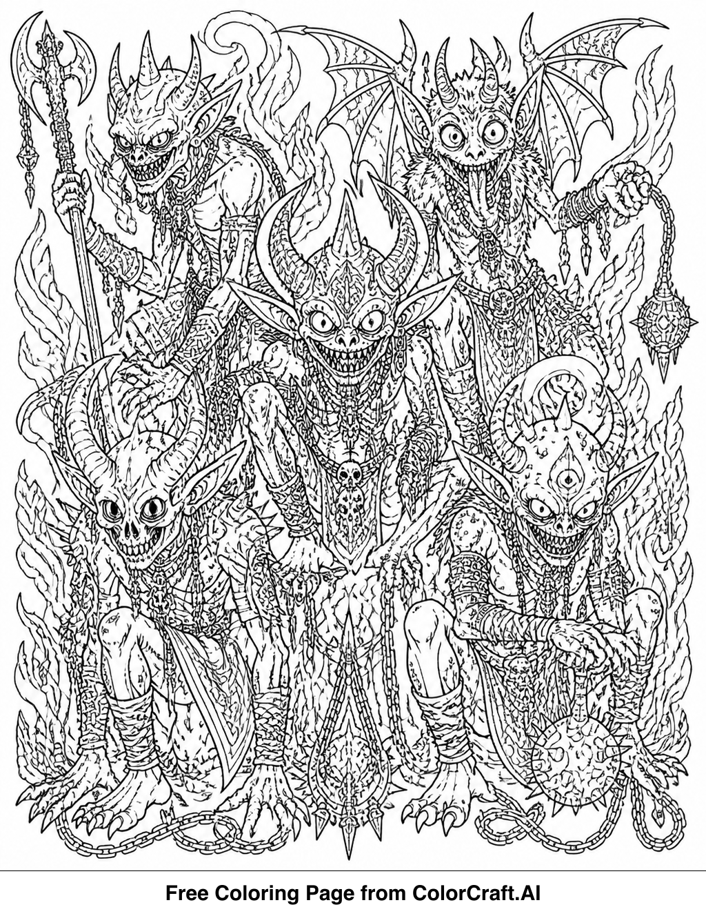 Intricate line drawing of several small, imp-like demons gathered in a dark, enchanted forest setting.