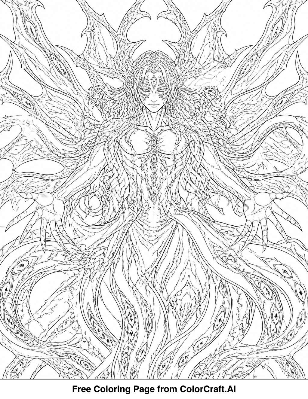 Intricate line drawing of Muzan Kibutsuji's final, terrifying form from Demon Slayer.