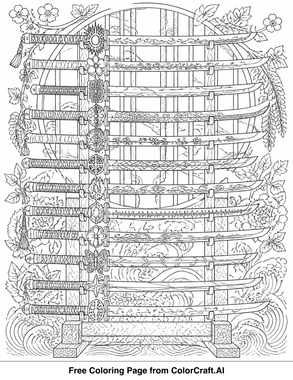 Line art drawing of a collection of various detailed Nichirin swords from anime.