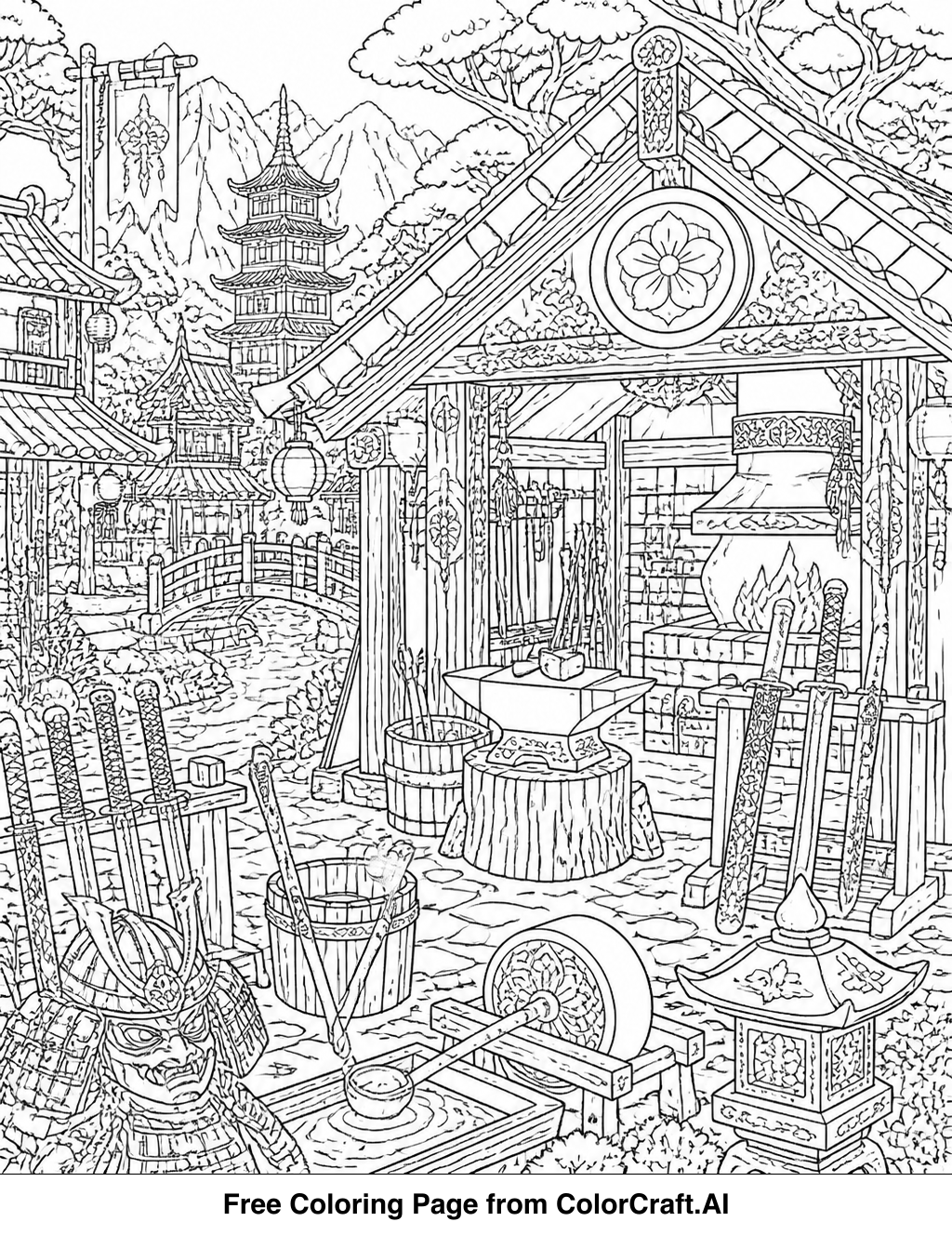 Intricate line drawing of a scene from Demon Slayer's Swordsmith Village, featuring characters and architecture.