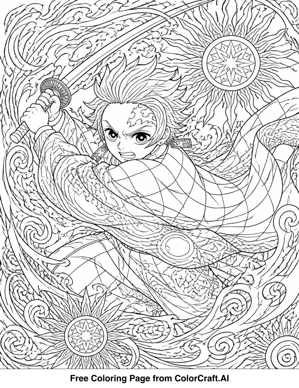 Line art of Tanjiro Kamado performing his Sun Breathing technique with swirling energy and intense focus.