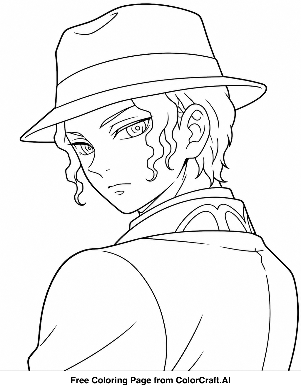 Line drawing of Muzan Kibutsuji, the Demon King from anime, with a stern expression, ready to be colored.