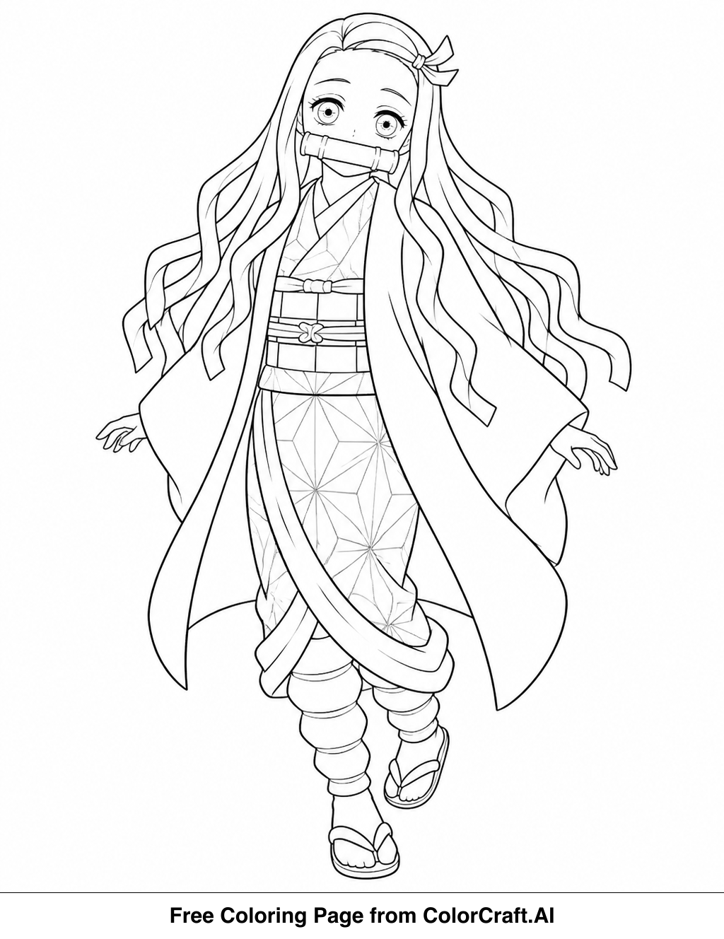 Line drawing of Nezuko Kamado from Demon Slayer in a simple standing pose, ready to be colored.