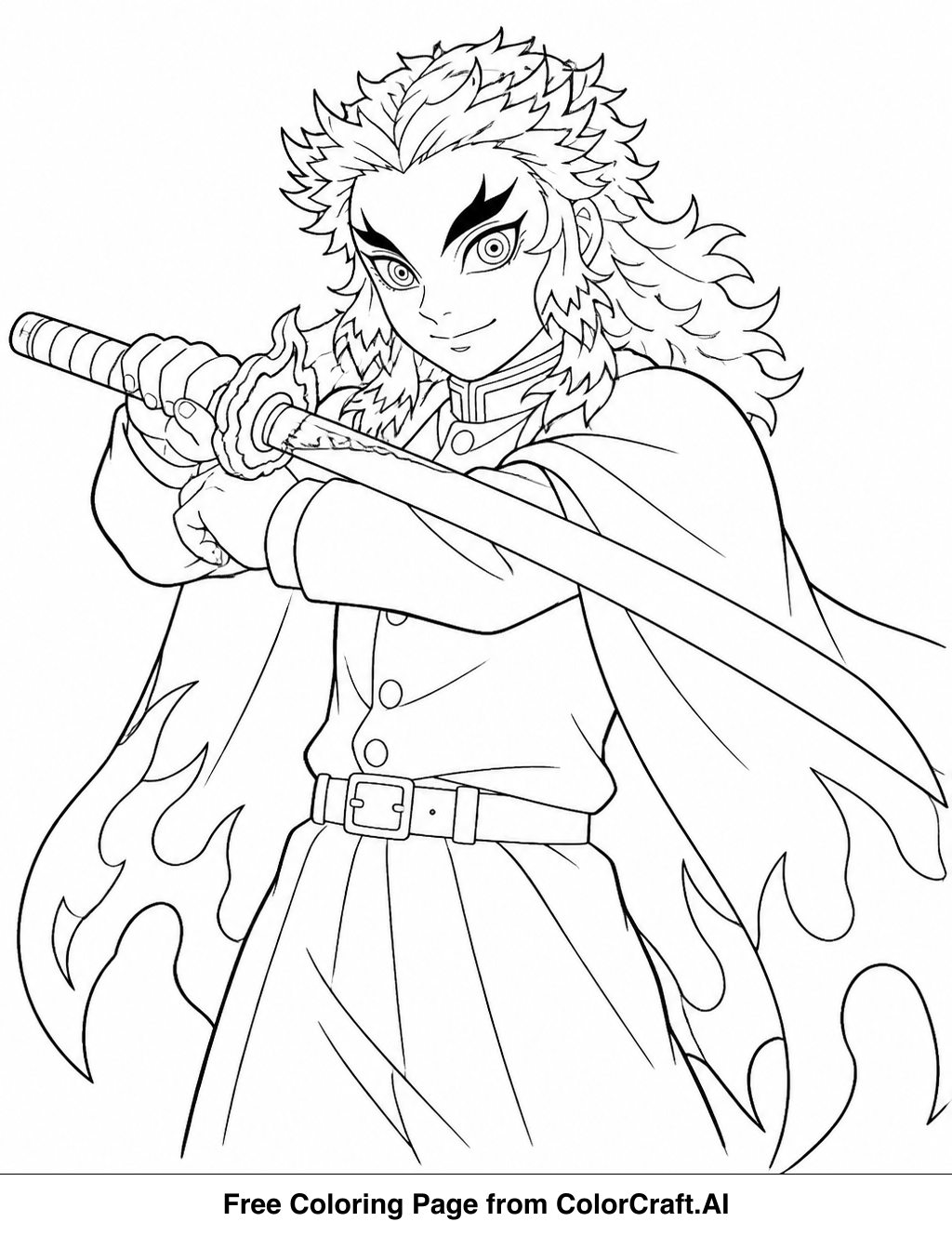 Line drawing of Rengoku Kyojuro, the Flame Pillar, in a powerful pose with his sword drawn for a coloring page.
