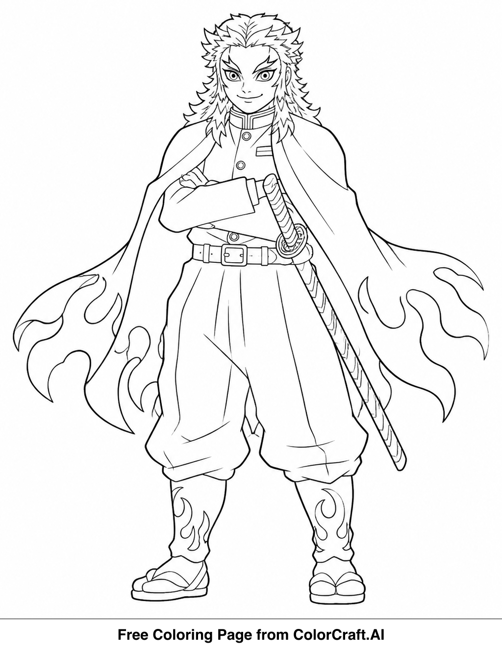 Line drawing of Rengoku Kyojuro from Demon Slayer in a simple, standing pose, ready to be colored.