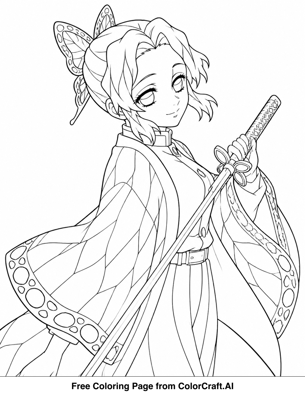 Line drawing of Shinobu Kocho from Demon Slayer, Insect Pillar, in a dynamic pose, ready to be colored.