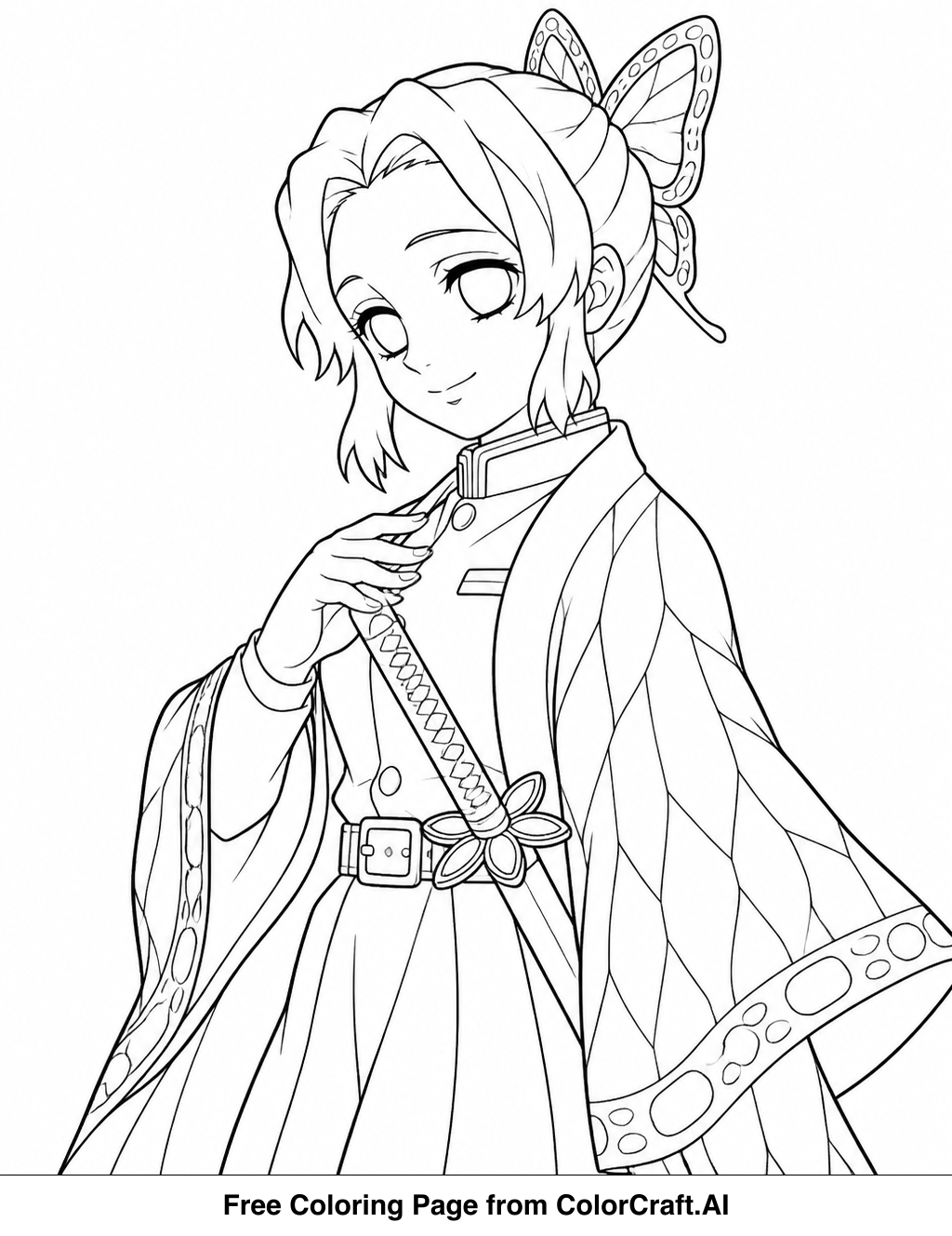 Line drawing of Shinobu Kocho from Demon Slayer in a simple pose, perfect for coloring.