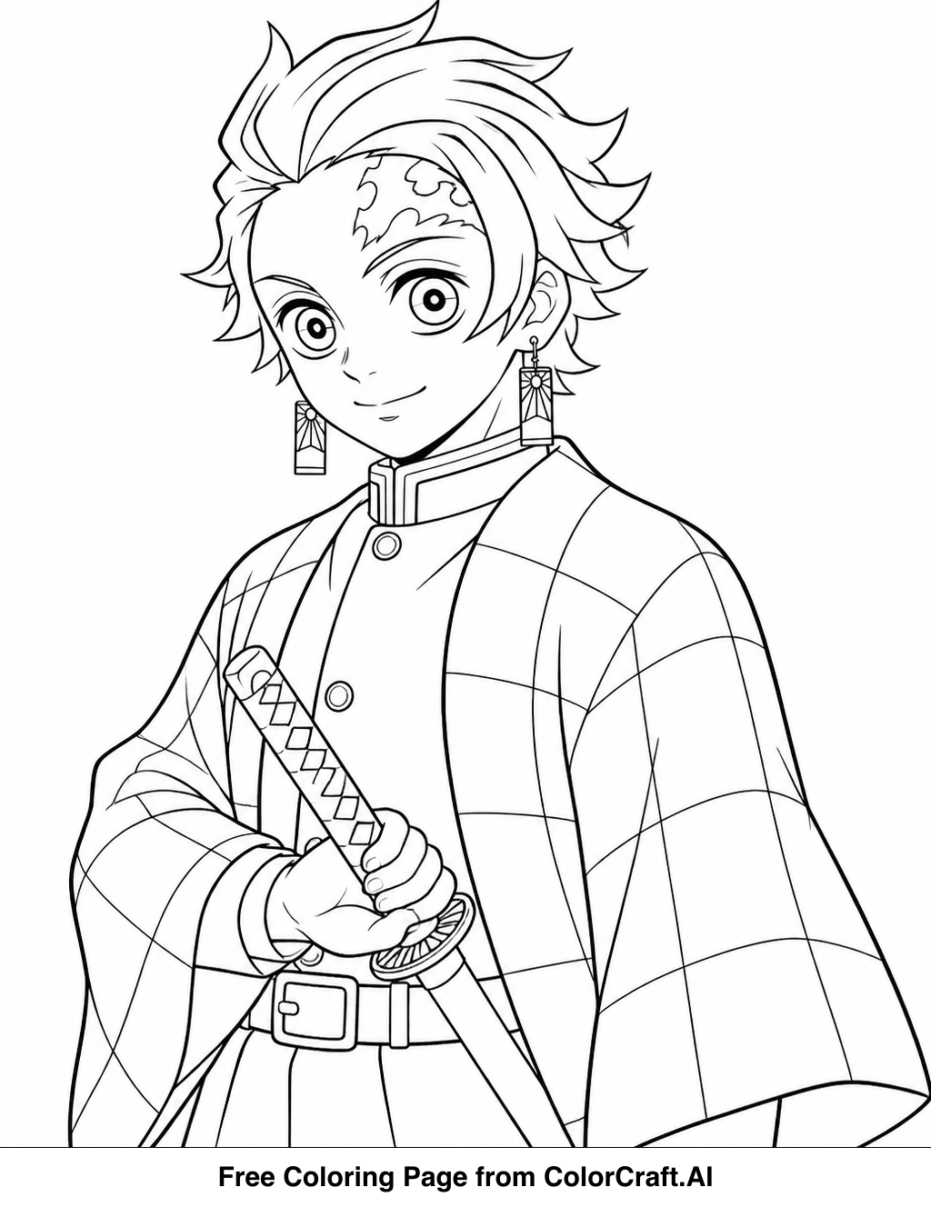 Line art drawing of Tanjiro Kamado from Demon Slayer in a simple standing pose for coloring.