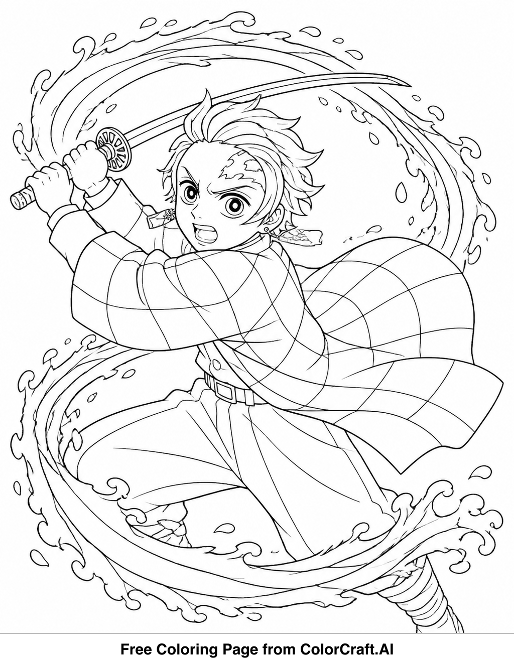 Line drawing of Tanjiro Kamado from Demon Slayer in a dynamic pose using water breathing.