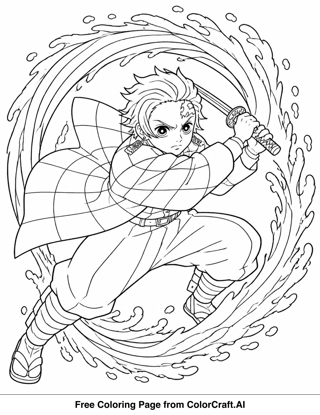 Line drawing of anime character Tanjiro Kamado in a dynamic pose, performing a water wheel attack.