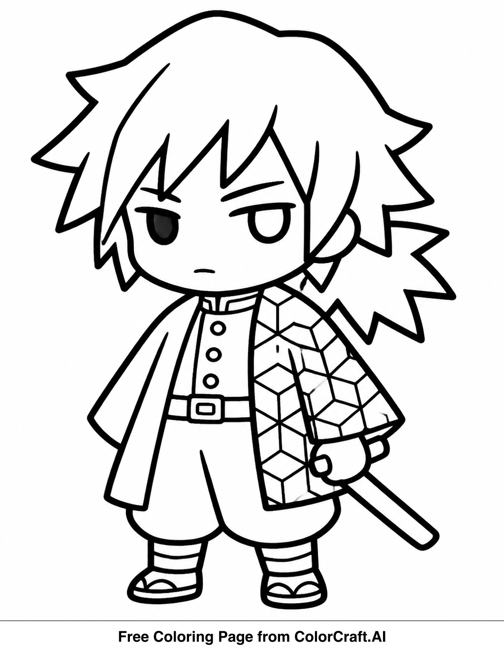 Simple line art drawing of Giyu Tomioka from Demon Slayer, perfect for coloring.