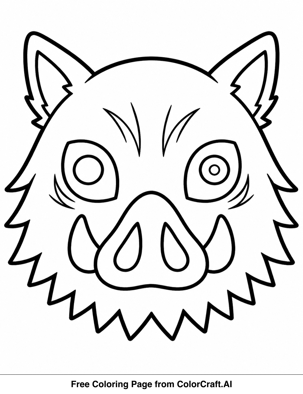 Line art drawing of Inosuke Hashibira's boar mask, a popular anime character accessory, for coloring.