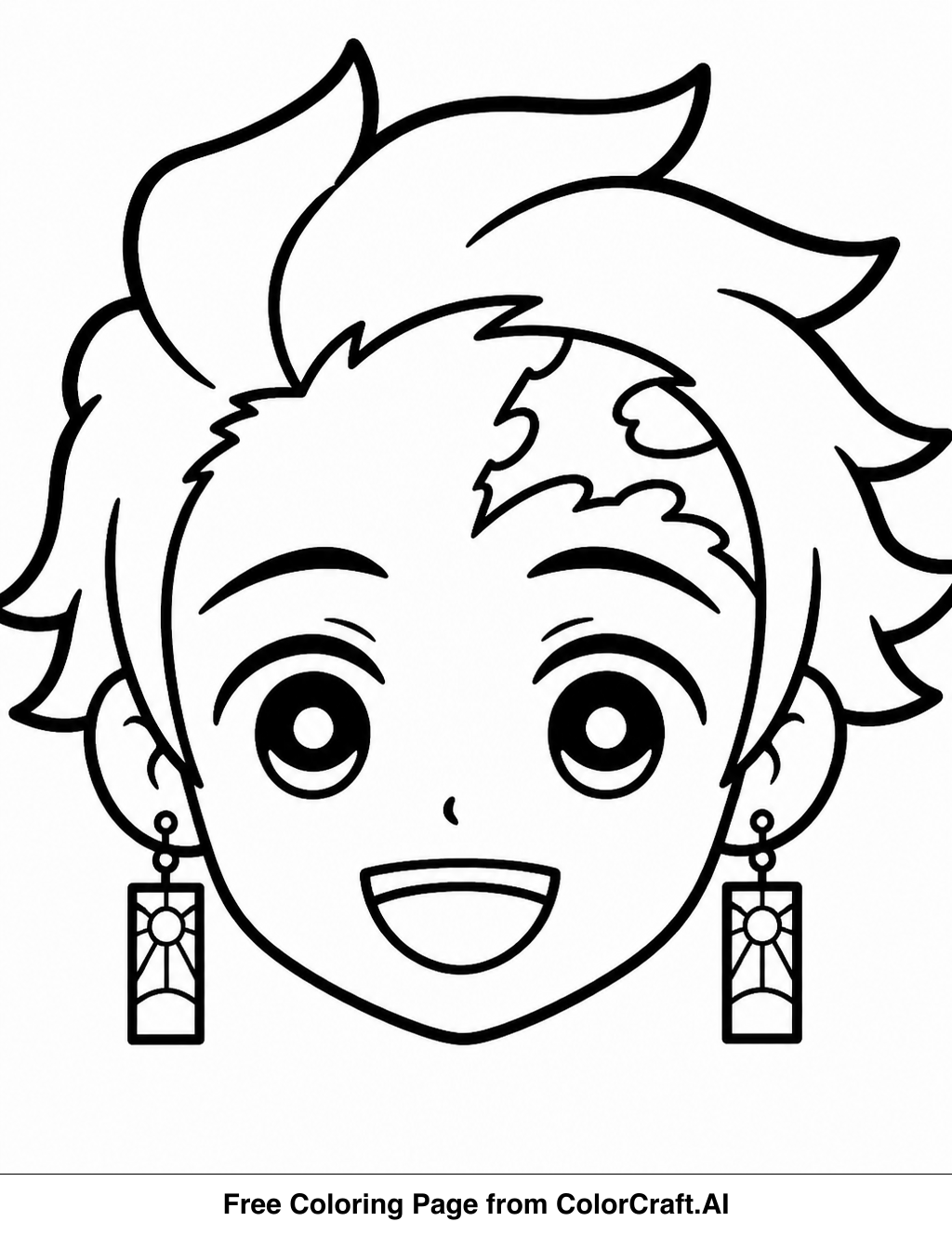 Line art drawing of Tanjiro Kamado's face with a neutral expression, ready for coloring.