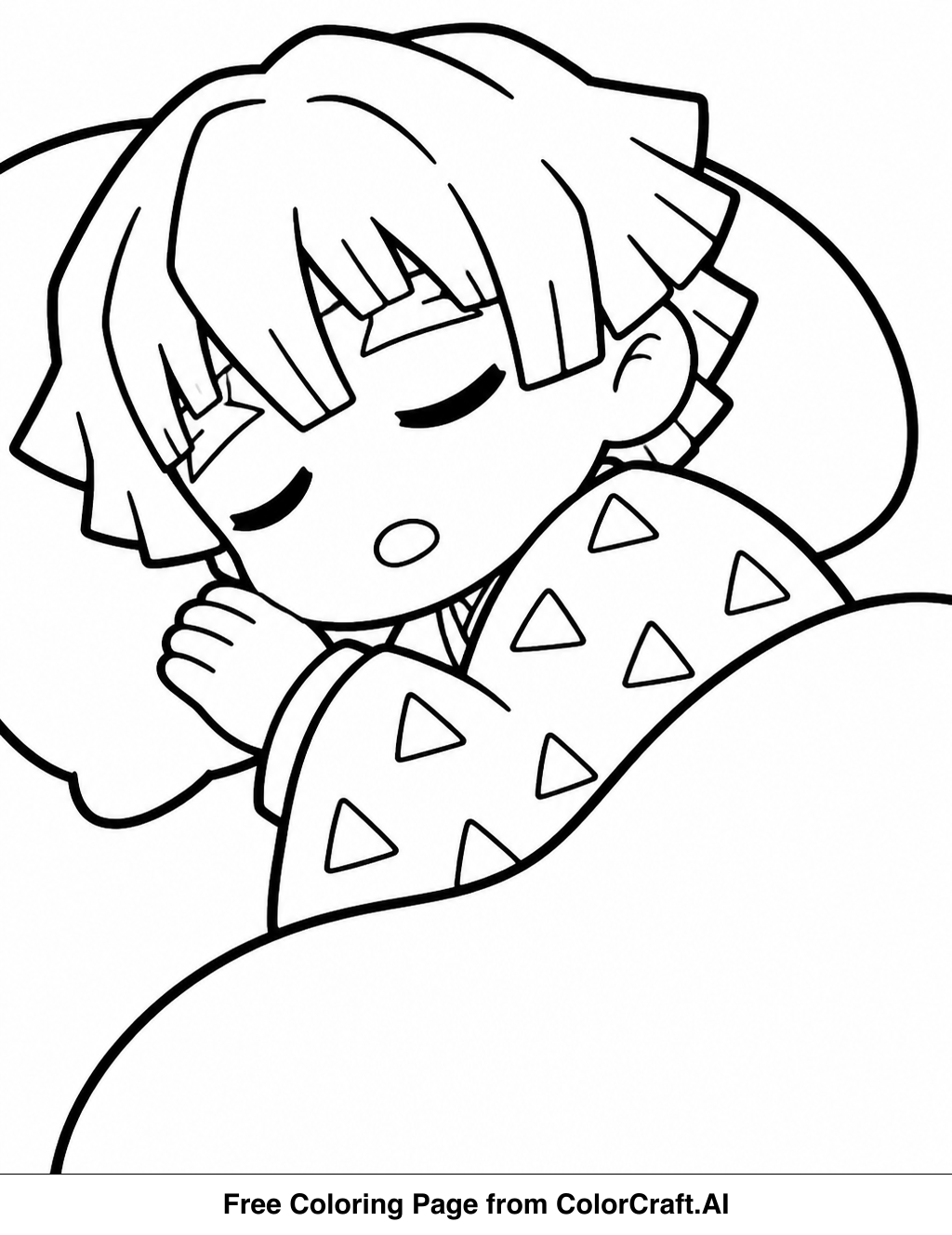 Line drawing of Zenitsu Agatsuma sleeping soundly, a beloved anime character, ready to be colored.