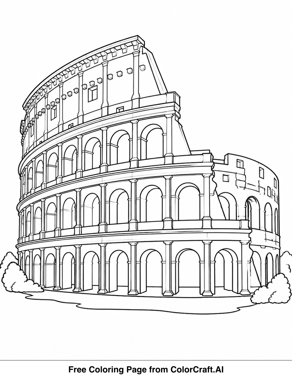 Line drawing of the ancient Roman Colosseum, showing its iconic arches and tiered seating structure.