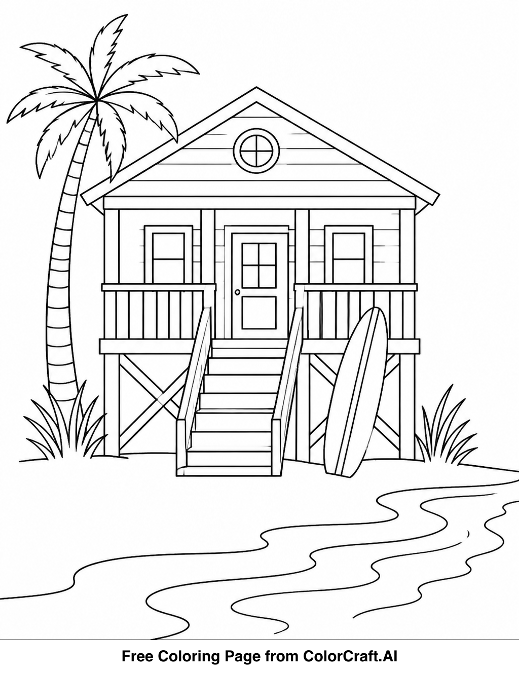 Line drawing of a beautiful beach house with ocean waves and palm trees, ready for coloring.