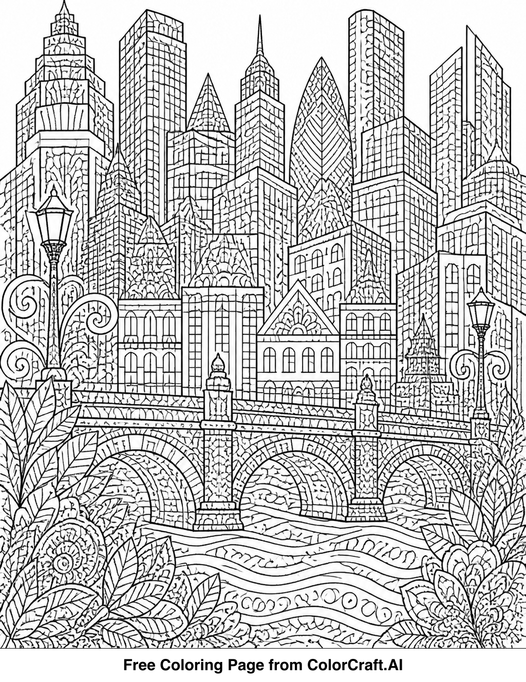 Intricate line drawing of a zentangle cityscape with many buildings and abstract patterns.