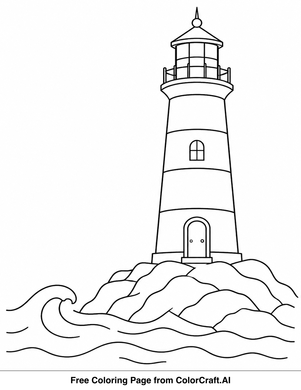 Line drawing of a tall lighthouse on a rocky shore with waves crashing below.