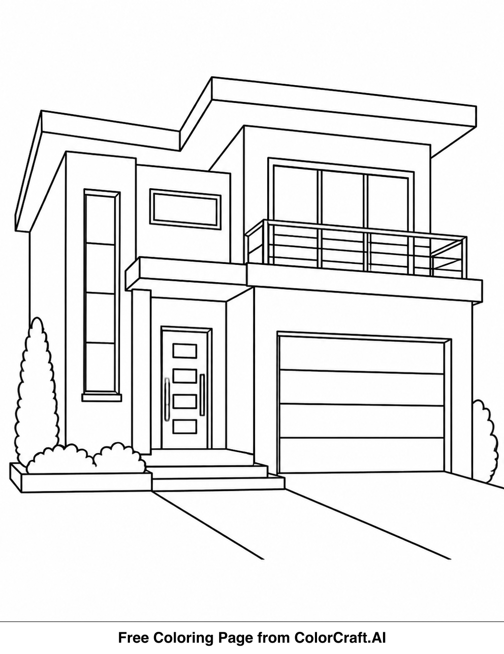 Line drawing of a modern house with large windows and a flat roof, ready for coloring.