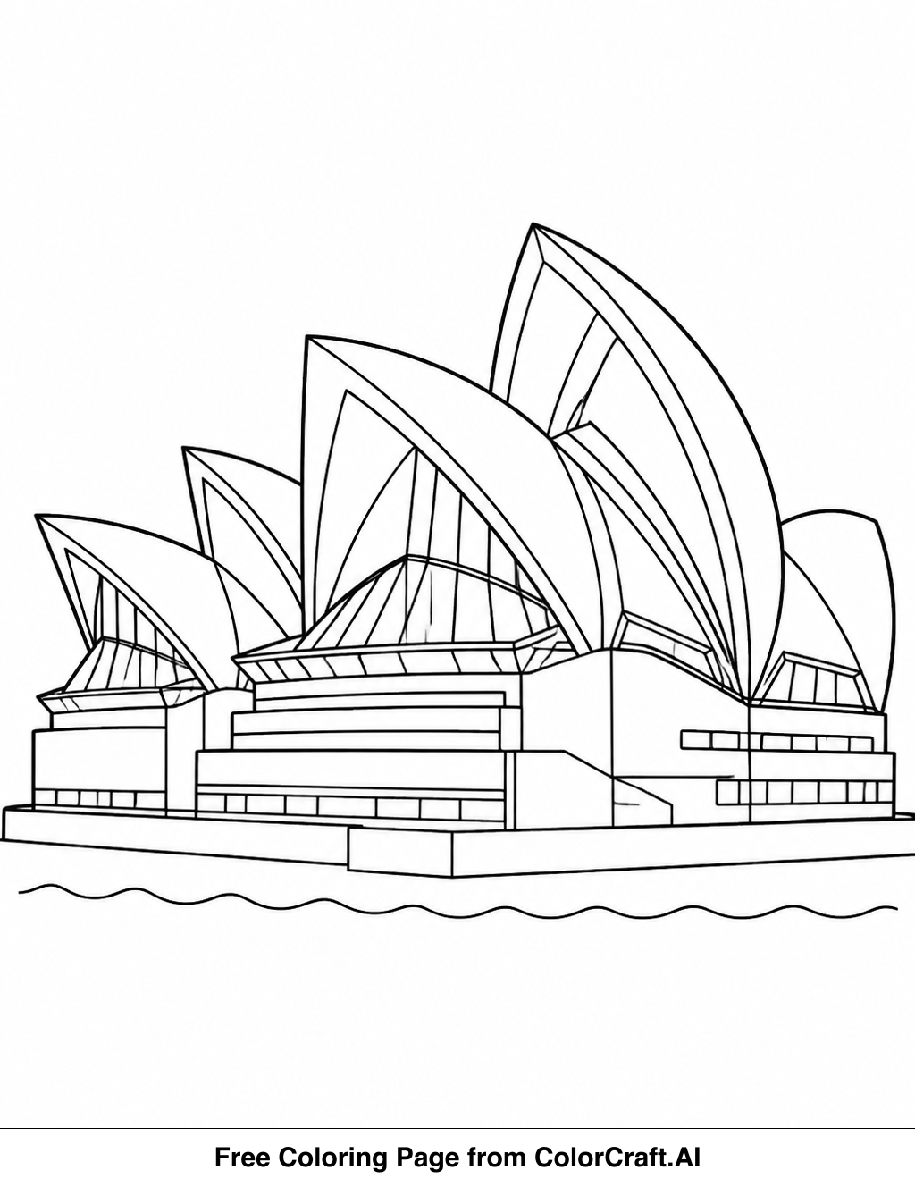 Line drawing of a detailed opera house facade with ornate architectural elements, ready for coloring.